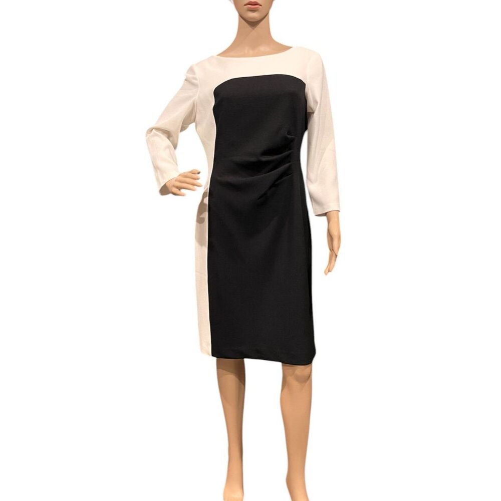 NINE WEST Black & White Colorblock Ruched Side MIDI Sheath Dress Sz 8 NWOT
